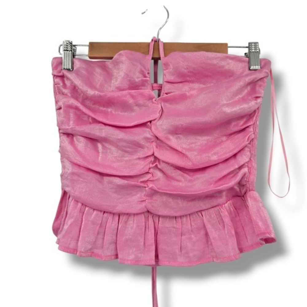 Glam Pink Ruched Smocked Halter‎ Crop Top Ruffle Peplum Shimmer Size L